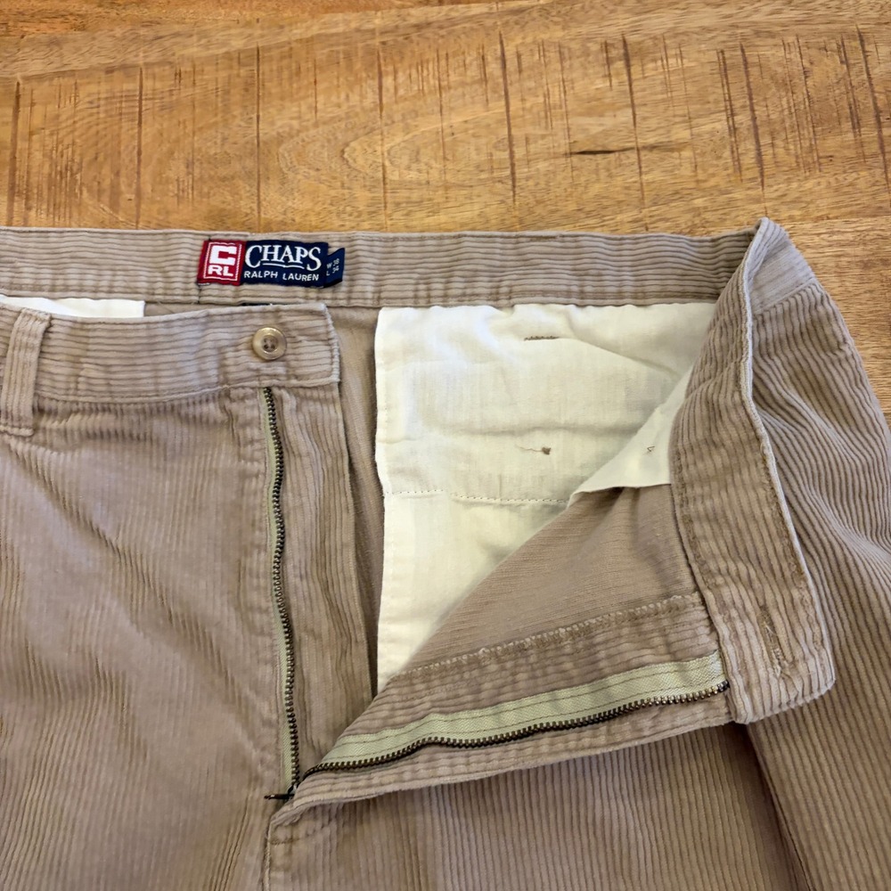 Vintage Chaps Ralph Lauren Corduroy Pleated Pants 38x34 Cuffed Baggy Tan 90s - Picture 5 of 14